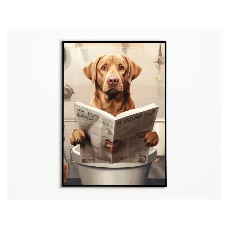 Vtipný Roztomilý Pes Koupelna Zvíře na Záchodě a Čtení Novin Plakátový Tisk Plátno Malba Nástěnné Umění Obývací Pokoj Domácí Dekorace