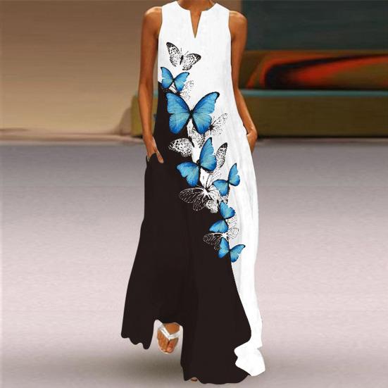 Stylish Women Dress Sleeveless Butterfly Print V Neck Large Hem Maxi Dress for Summer
