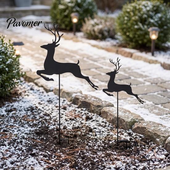Flower Bed Sign 2Pcs/Set Christmas Elk Garden Stake, Black Reindeer Silhouette Yard Art, Festive Stakes Holiday Deer for Outdoor Lawn Patio Pathway