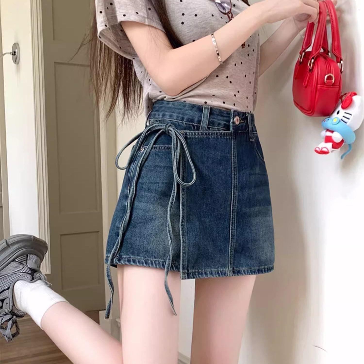 High-Waisted Blue Denim Tie-Up Culottes - 2026 Stylish Irregular Summer Shorts S (85-95 Jin)
