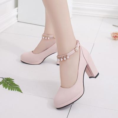 Zapatos de boda para mujer con tiras en el tobillo y cuentas de cordón, elegantes tacones medios altos, plataforma para vestido de novia, bombas de perlas de 8 cm de cuero de otoño