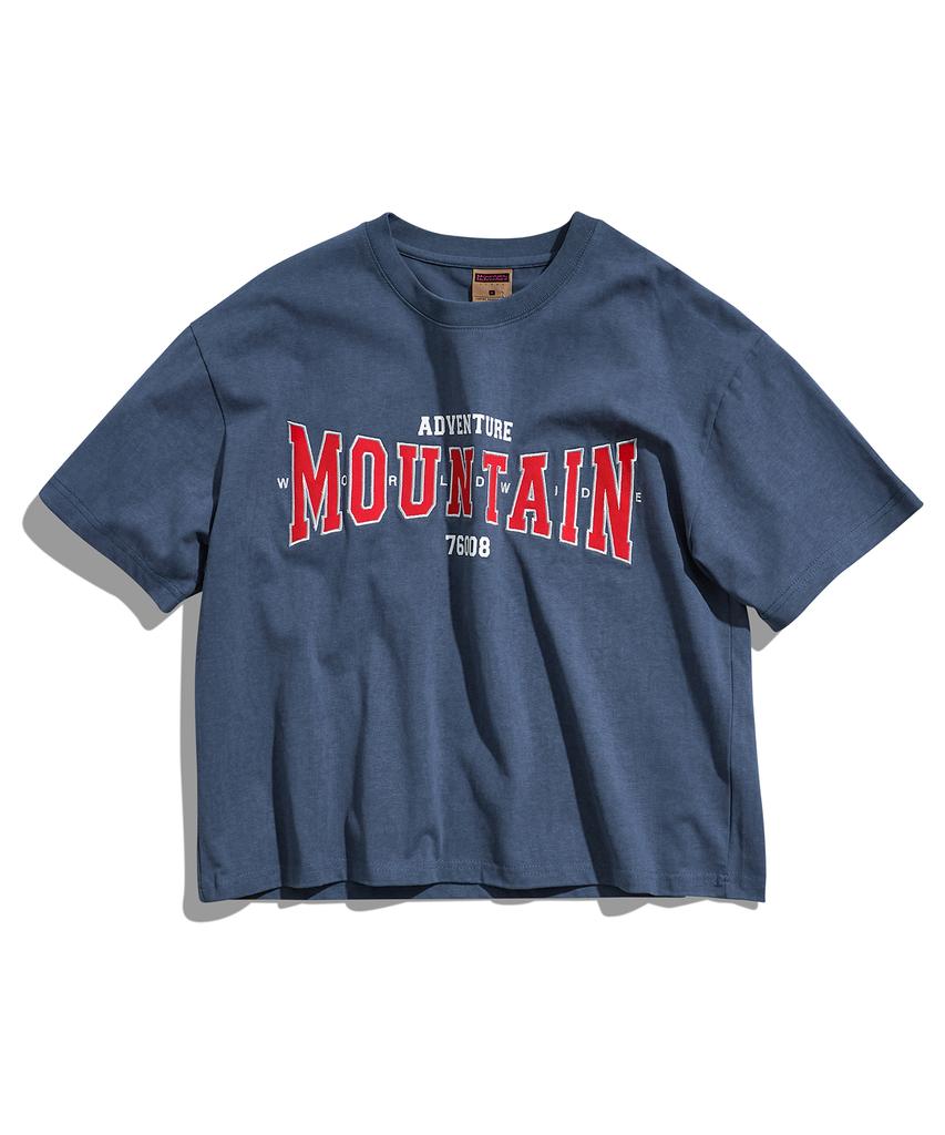 Peullukeu Crop World Mountain Embroidered Logo Pigment Short Sleeve T-Shirt Navy Fst741C