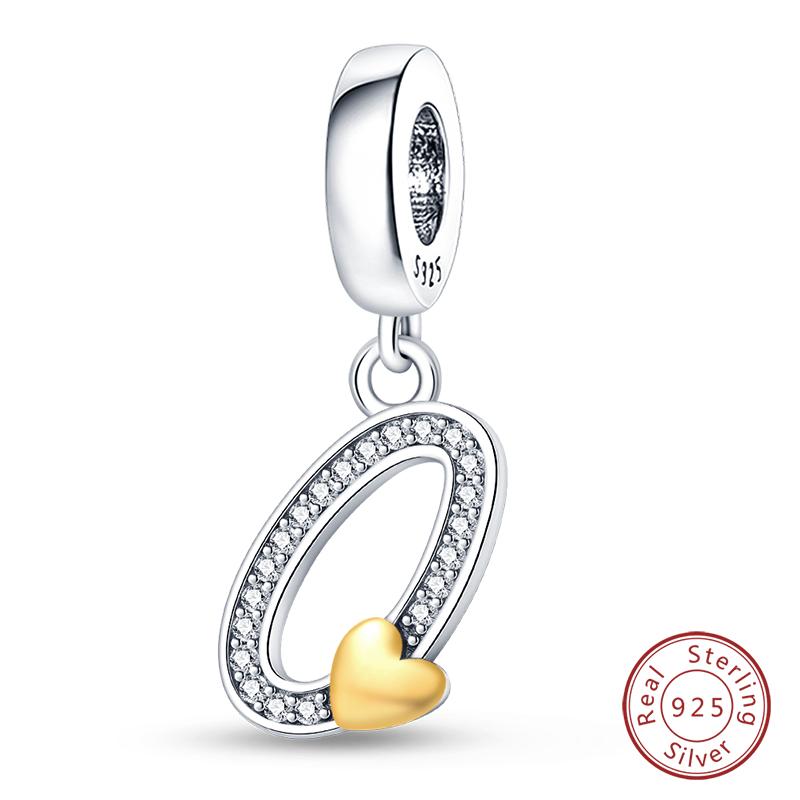 925 Silver Charm Beads Classic Gold Heart-Shaped 26 Letters Pendant For Bracelet DIY Charm Birthday Jewelry