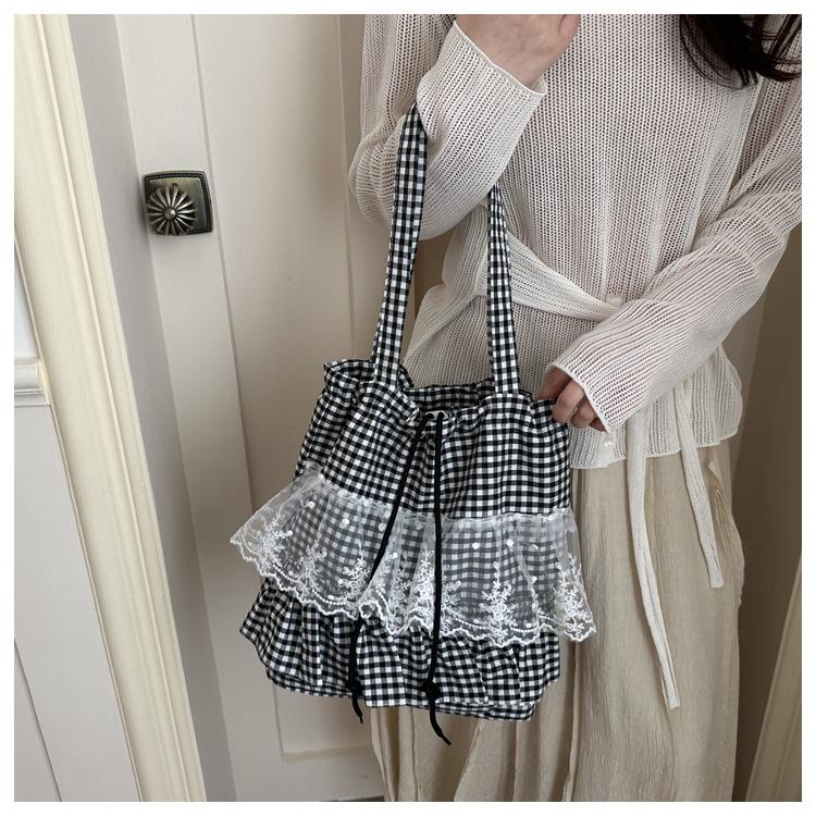 Sweet Plaid Lace Ruffled Drawstring Shoulder Bags for Women Large Capacity Ladies Tote Bag Lightweight Girls Handbags Tote