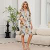 Women's Casual Zip Front Robe with Leaf Print, 3/4 Sleeve, Knee-Length, Lightweight Sleepwear with Pockets
