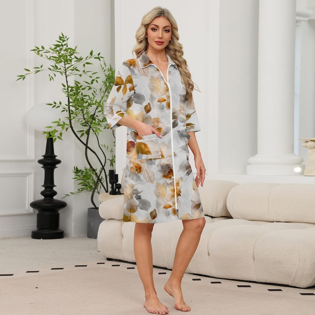Women's Casual Zip Front Robe with Leaf Print, 3/4 Sleeve, Knee-Length, Lightweight Sleepwear with Pockets
