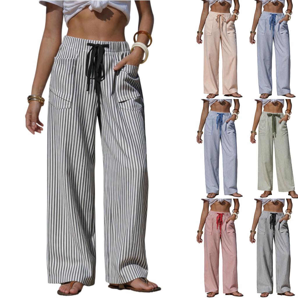 Women's Casual Wide Leg Pants Striped Drawstring Waistband with Pockets Lightweight Comfortable Loose Fit Trousers for Daily Wear
