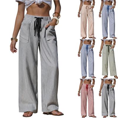 Damen Freizeithose mit weitem Bein, gestreift, mit Kordelzugbund und Taschen, leichte, bequeme, lockere Hose für den täglichen Gebrauch
