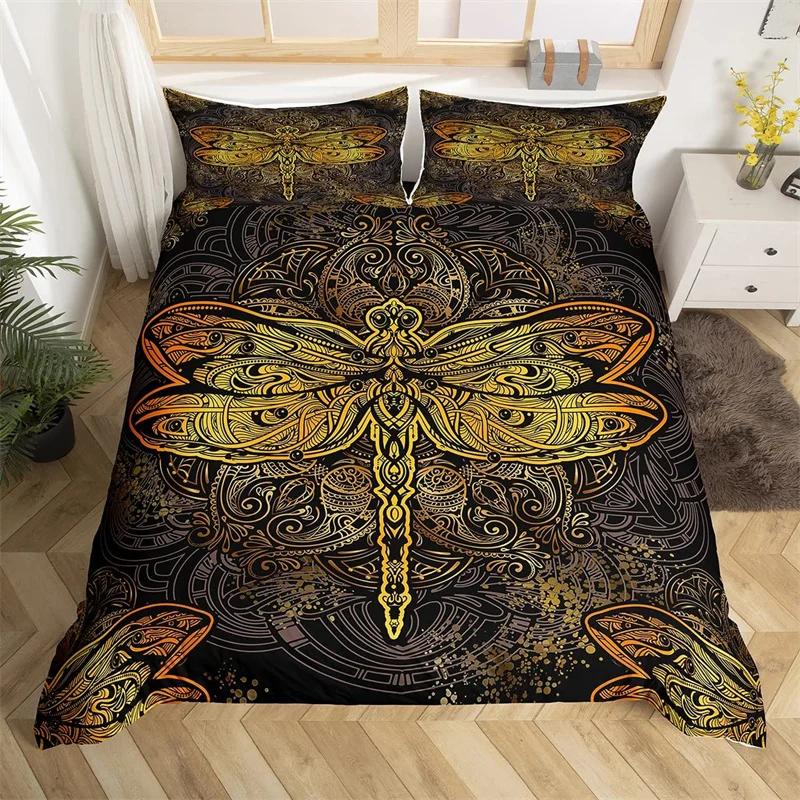 Comforter Dragonfly King Queen Size Chic Animal Comforter Microfiber Bohemia Mandala Bedding Set Flowers Bed