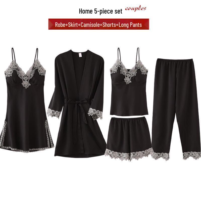 Frühlings-/Sommer Damen Seidig Weiches Pyjama-Set: Sling, Nachthemd, 5-teilige Homewear