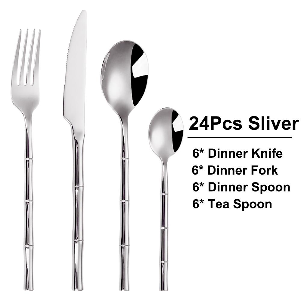 6/24/30Pcs Stainless Steel 304 Cutlery Set Sliver Tableware Western Bamboo Shaped Handle Dinner Set Knife Fork Spoon Sliverware