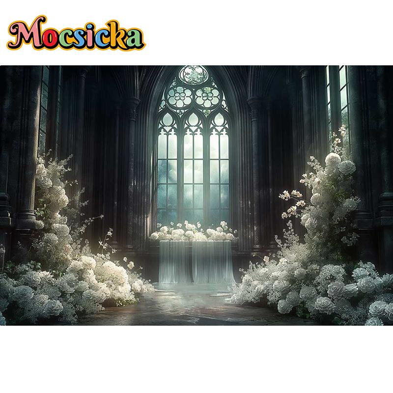 Mocsicka Photography Background Dreamy Misty Arch Castle Floral Decor Wedding Maternity Adult Art Portrait Backdrop Photo Studio