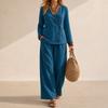 Women's V-Neck Button Long Sleeve Top and Wide Leg Pants Two-Piece Set Color Casual Suit
