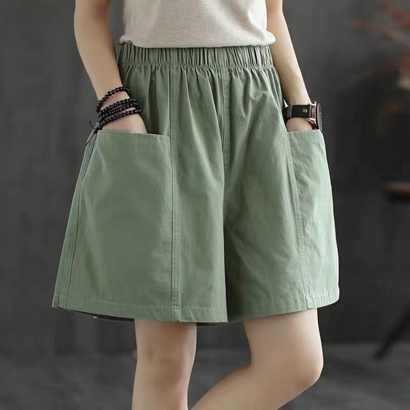 Fashion Loose Summer Women's Wide-leg Shorts 2025 Large-size Casual Office Pockets Five-point Pants Thin Elastic Waist Solid Color Versatile Clothing
