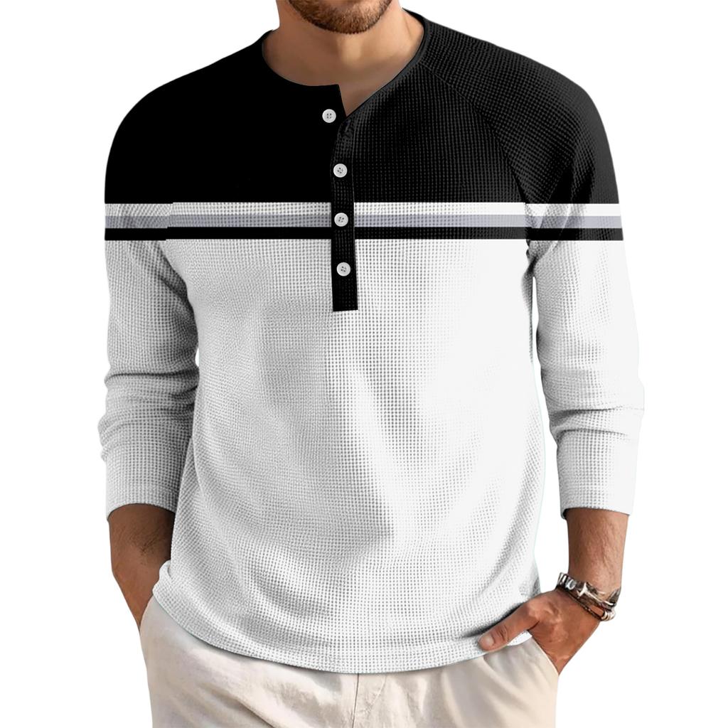 Pánský volný ležérní top s límečkem na knoflíčky a dlouhým rukávem