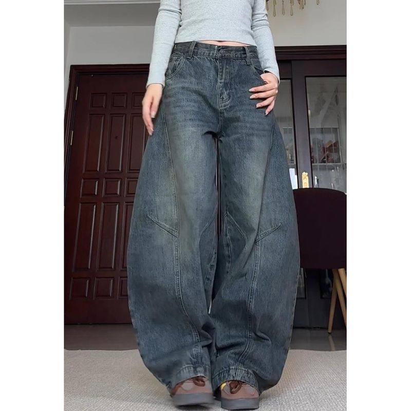

Plus Size American Fashion Brand Washed Deconstruct Wide Leg Denim Men and Women High Street Retro Vibe Loose Slim Looking Matchet Pants Retro Blue S [Recommendation 40-47.5kg]