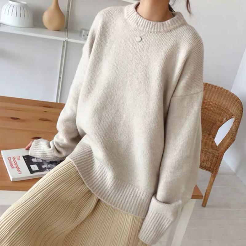 Fashion Solid Long Sleeve Women's Sweaters Autumn and Winter Retro Pullovers Knitted Sweater Ladies Elegant Round Neck Soft Warm Jumpers Tops 25563