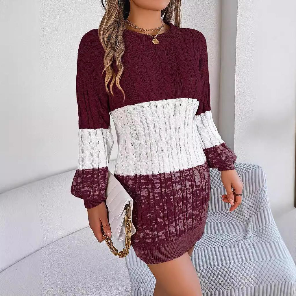 Fall Winter Lazy Wind Loose O-Neck Sweater Dress Women's Long Sleeve Straight Knit Pit Strip Wide Dresses
