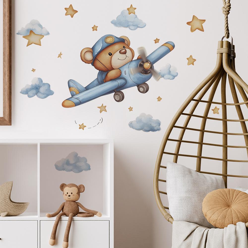 Cartoon Bear Flying Plane Stars Clouds Bedroom Living Room Home Background Beautification Decoration Wall Stickers