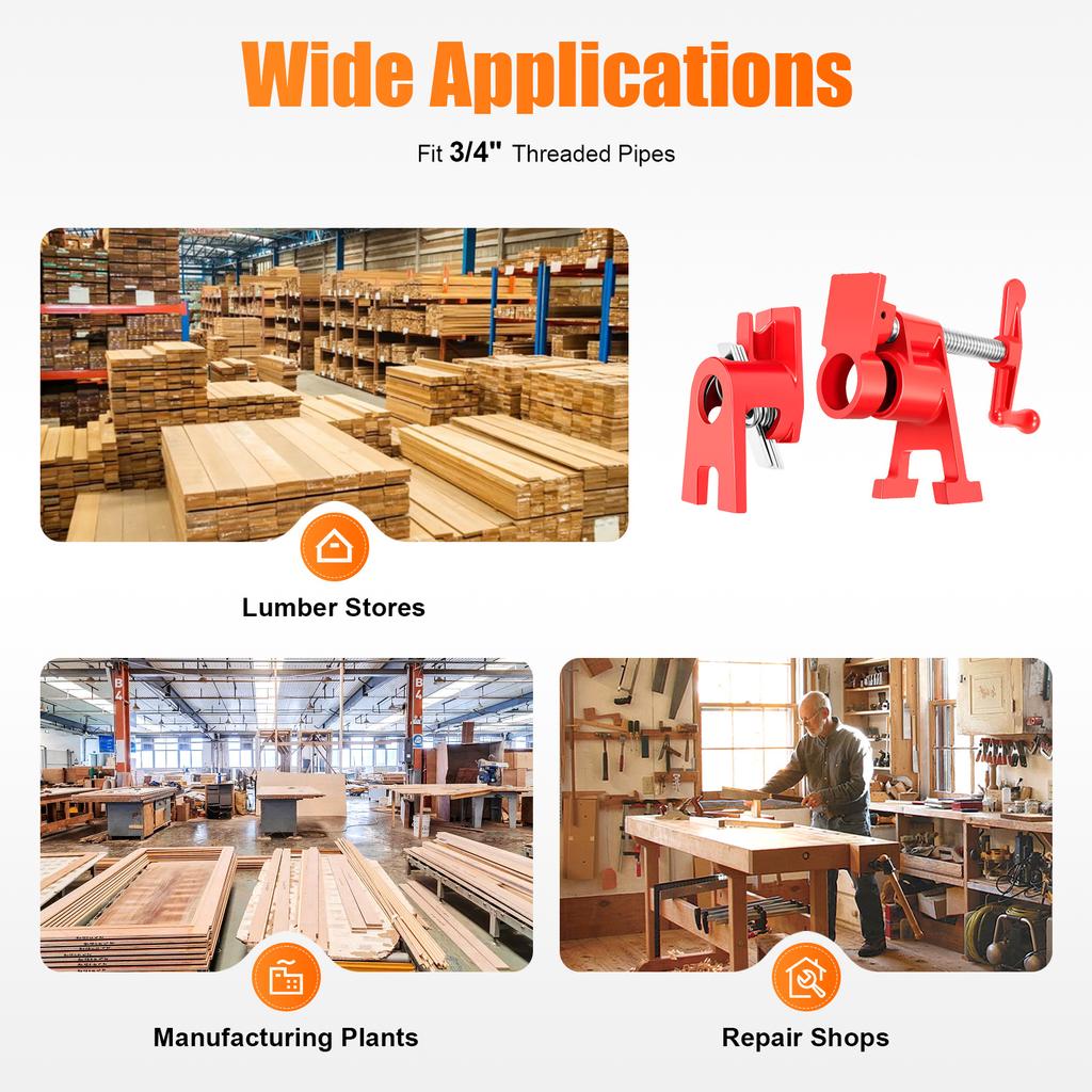 4-Piece Wood Gluing Pipe Clamp Set – Heavy-Duty Cast Iron Bar Clamps for Woodworking – Red