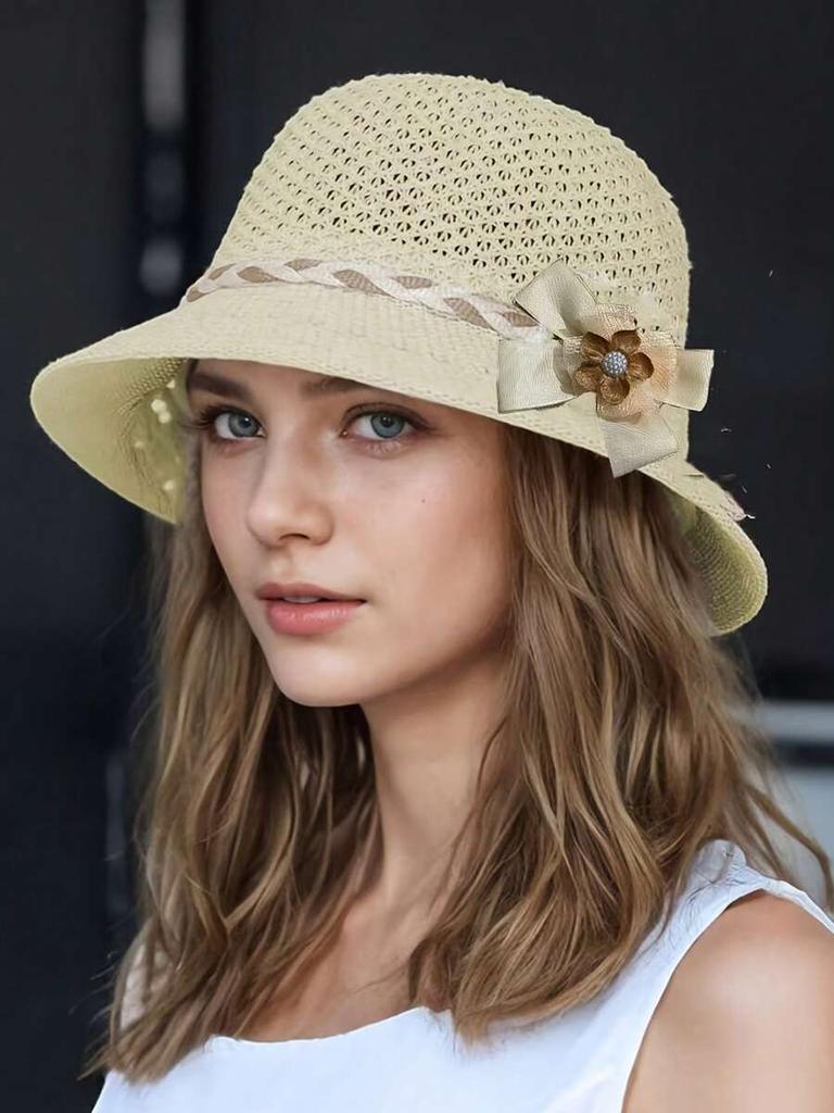 Womens Knitted Wide Brim Straw Sun Hat With Floral Bow Decor