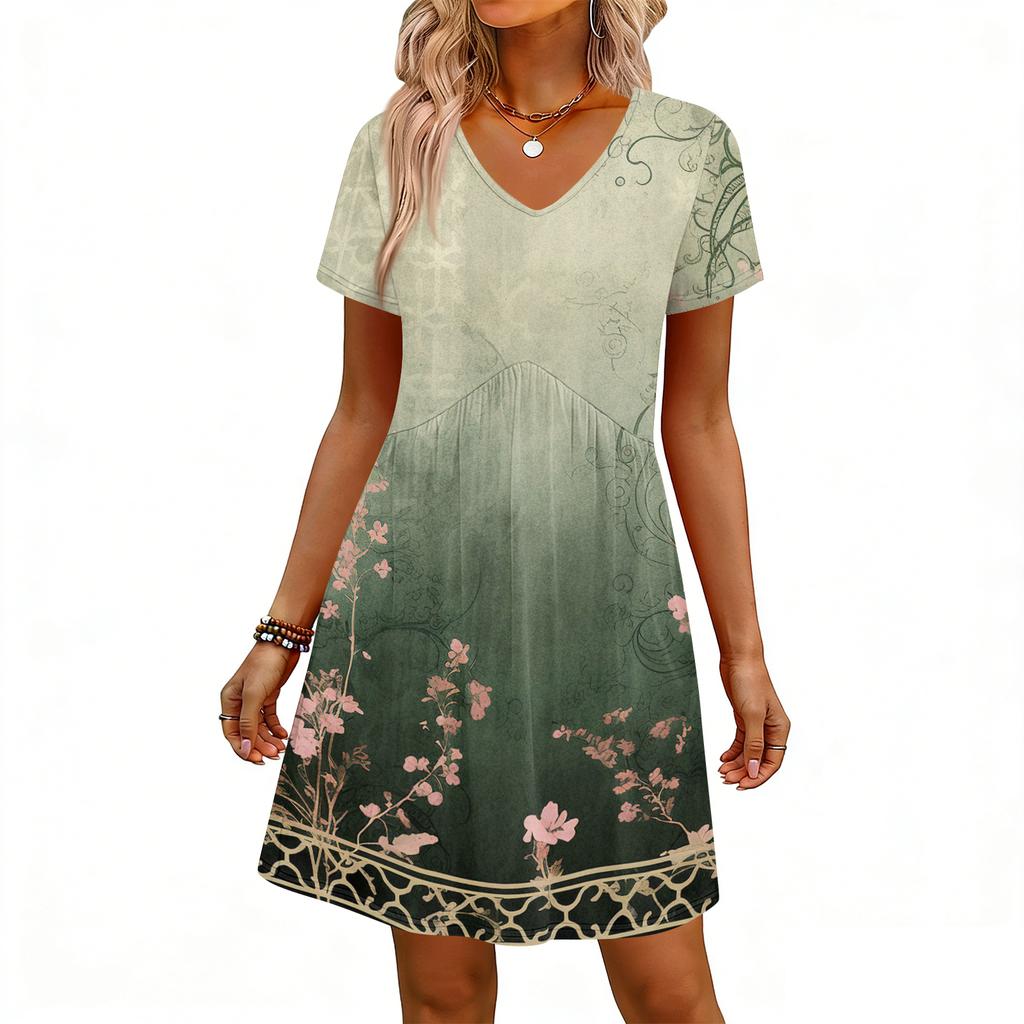Modisches Damenkleid mit Print, V-Ausschnitt, kurzärmelig, locker, lässig, für den Strandurlaub