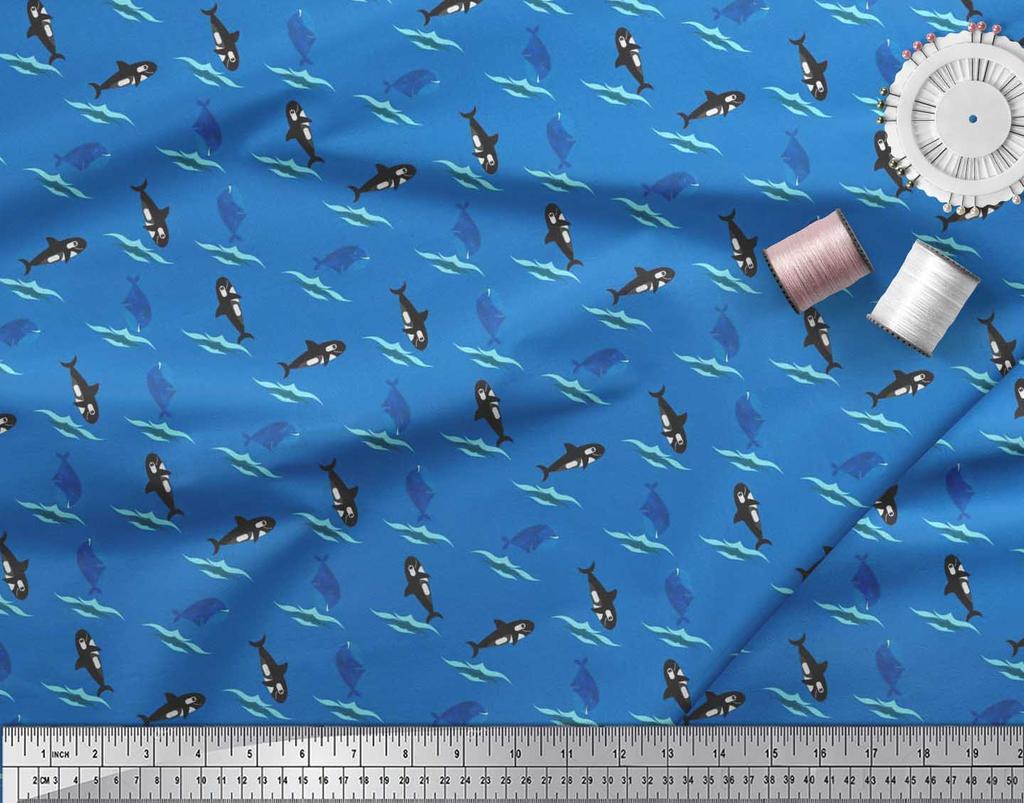 Soimoi Japan Crepe Satin Fabric Waves,Whale & Dolphin Ocean Decor Fabric Printed metre 42 Inch