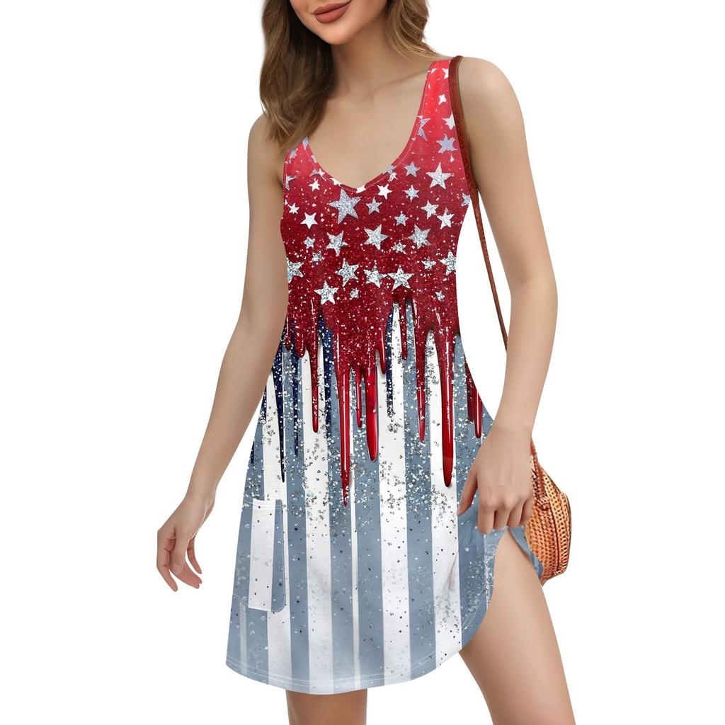 Damen Casual Print Bohemian Strandkleid mit Taschen V-Ausschnitt Tankkleid