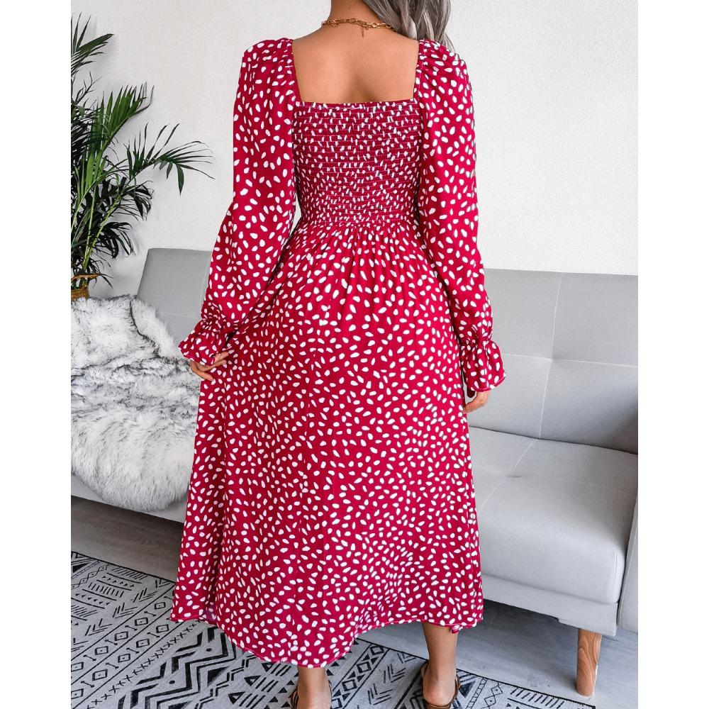 Spring Summer Square Neck Long Sleeve Holiday Cotton Dress Pleated Long Women's Dresses