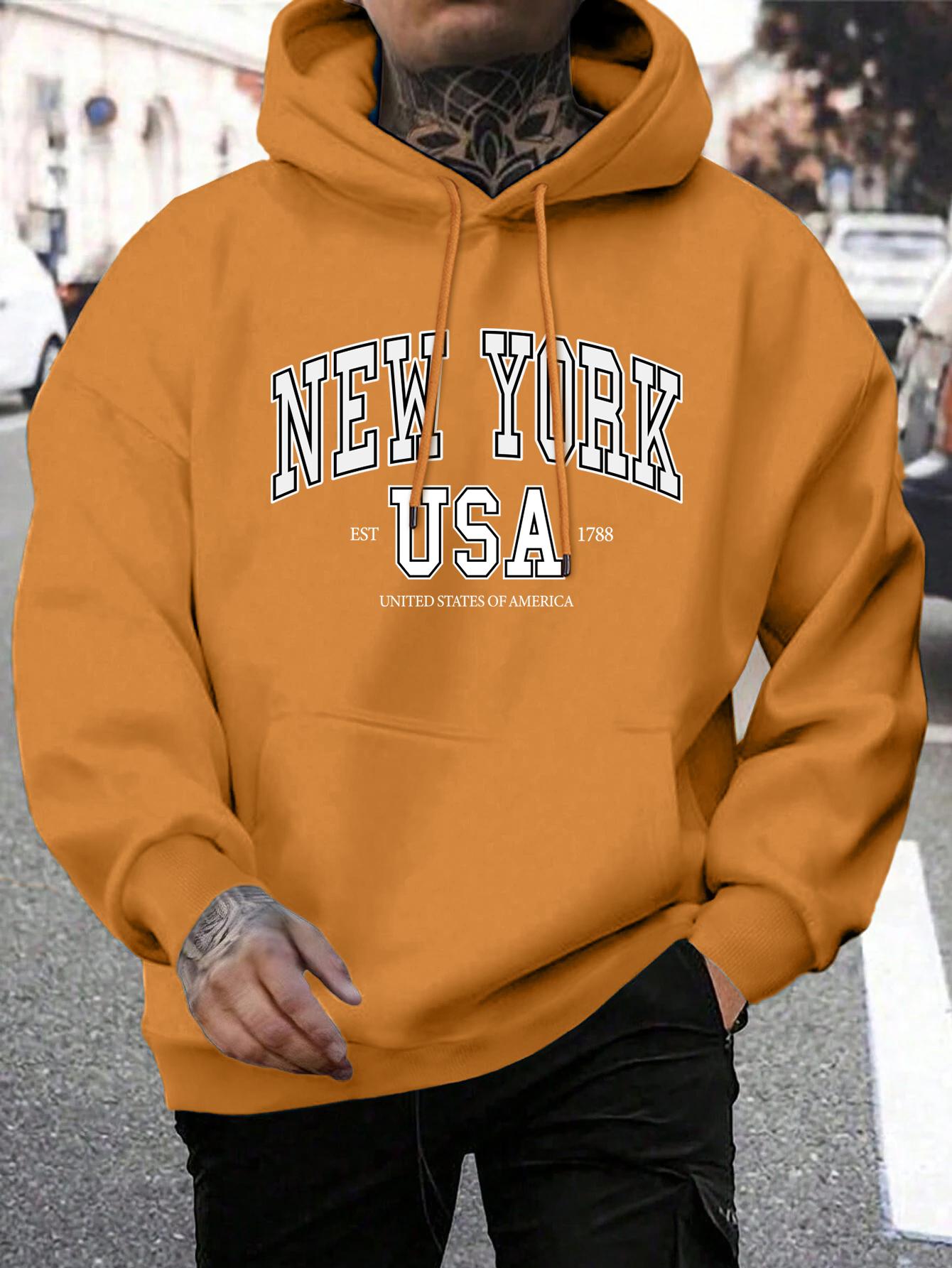 

America New York City Print Male Hoody Fashion Loose Hoodies Casual Warm Hooded Men Autumn Fleece Crewneck Clothes 2XL