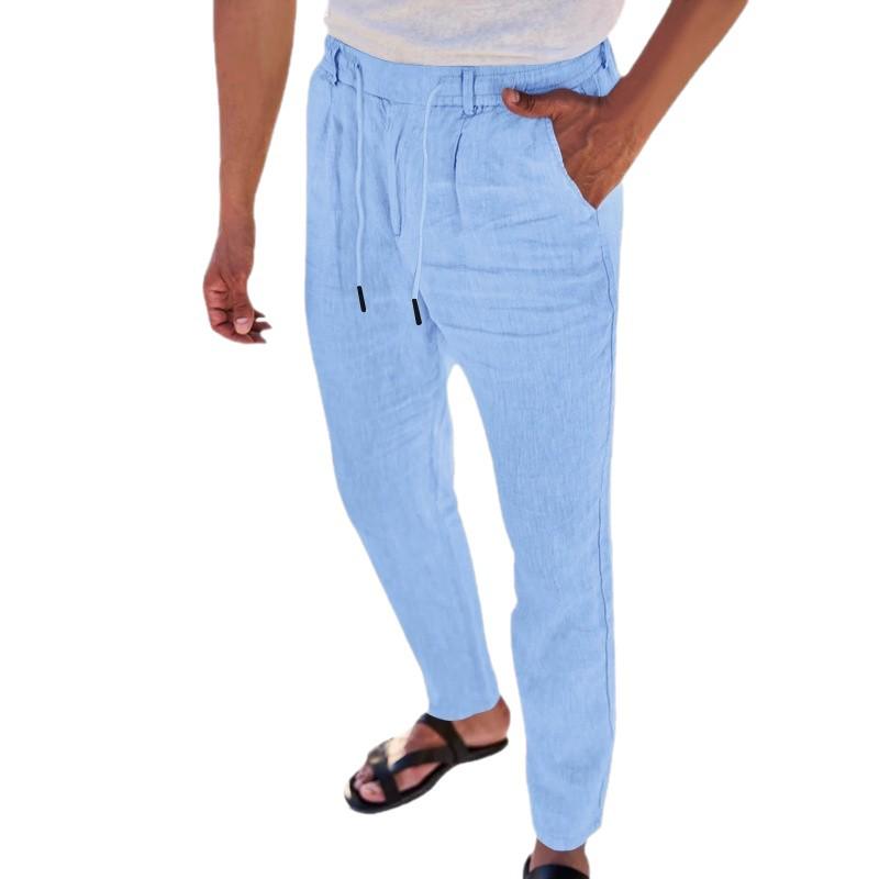 Autumn Men's Thin Casual Lace-up Cotton Linen Drawstring Straight Leg Pants