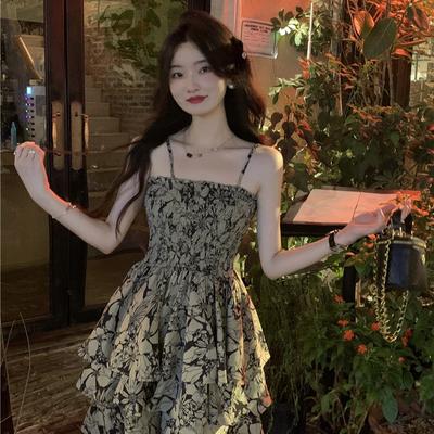 Korean Spaghetti Strap Dress Cardigan Set Women's Summer Sundress Black Shawl Floral Dress Two-piece Set Dresses Female