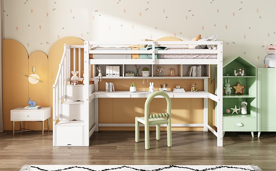 Children's Loft Bed with Storage Staircase 90*200cm, Solid Wood+MDF, Bunk Bed with Large Desk and Shelves, Environmentally Friendly Colors, White