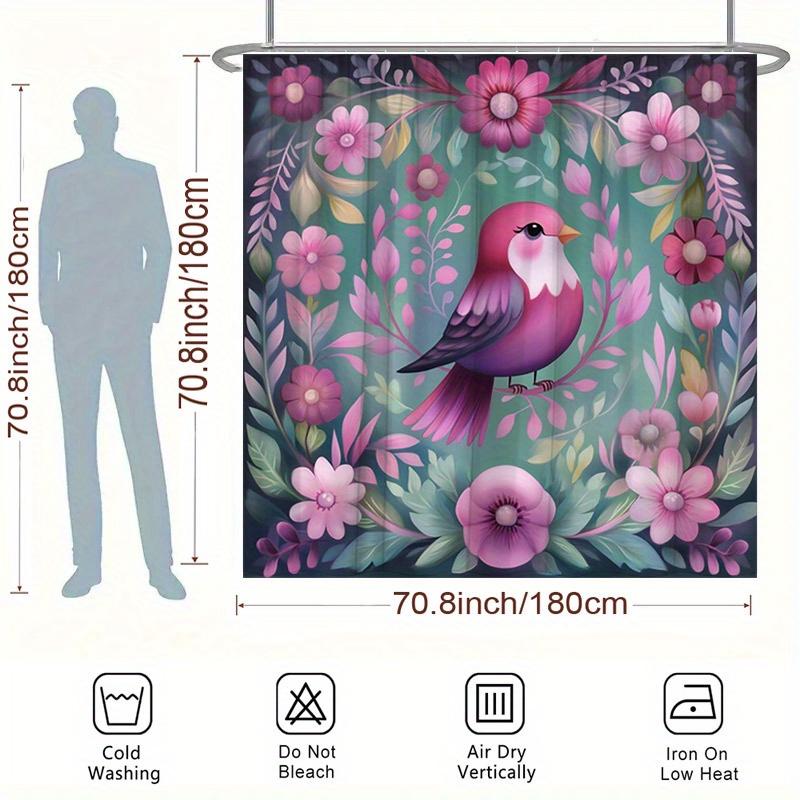 Vibrant Pink Bird & Floral Shower Curtain - Nature-Inspired Art, Polyester, 12 Hooks, 70.8x70.8 Inches, Modern Bathroom Decor
