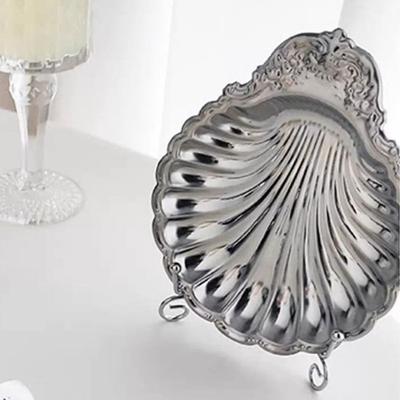Vintage Dessert Plate Shell Shape Silver Color Embossed Food Tray Decorative Embossed Details Shell Shaped Dish Photo Props