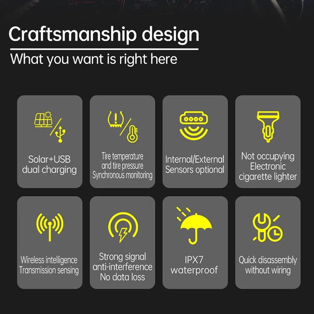 Solar TPMS Tire Pressure Monitoring System Temperature Warning Fuel Save With 4 External Sensors Car Tyre Pressure Monitor