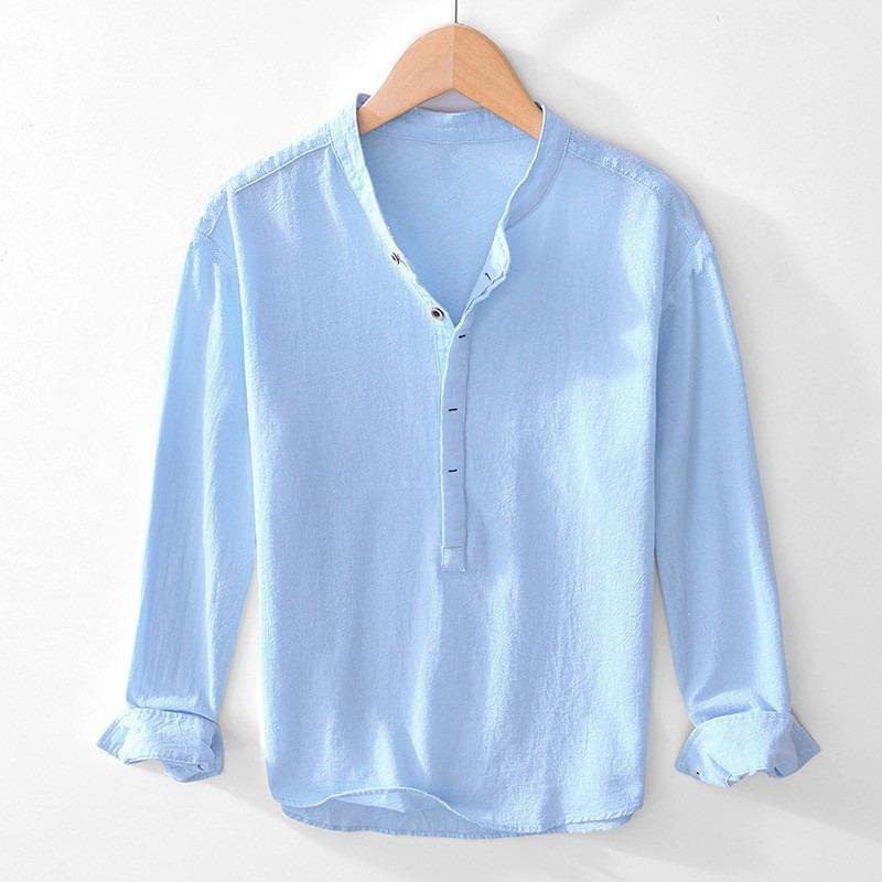 Men Light Blue Linen Cotton Blend Henley Shirt Stand Collar Long Sleeve Casual Top