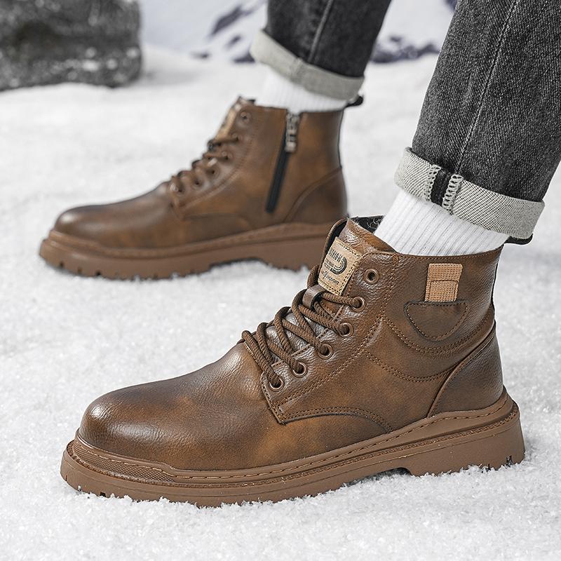 Fashion Casual Leathe Men's Motorcycle Boots Autumn Winter High Top Shoes Business British Ankle Boots Warm Plush Fur Basic Boot
