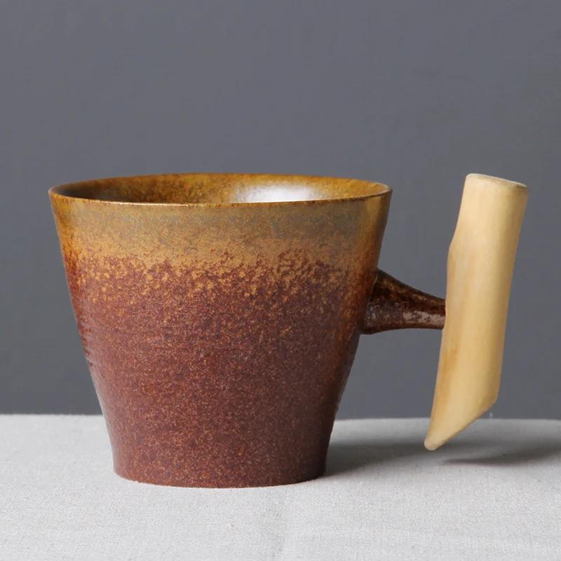 Japanese-style Retro Vintage Ceramic Manual Coffee Mug With Wooden Handle Tumbler Rust Glaze Tea Milk Beer Cup Home Drinkware