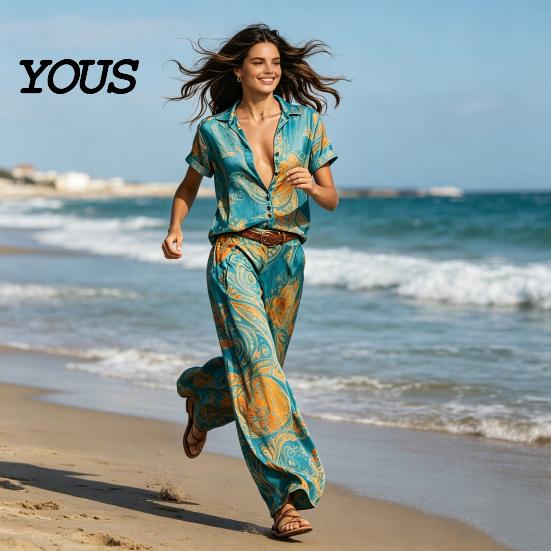Small Town Style 2 Piece Sets for Women, Casual Button Down Short Sleeve Shirt Retro Vacation And Wide Leg Pants Matching Sets, Summer Printed