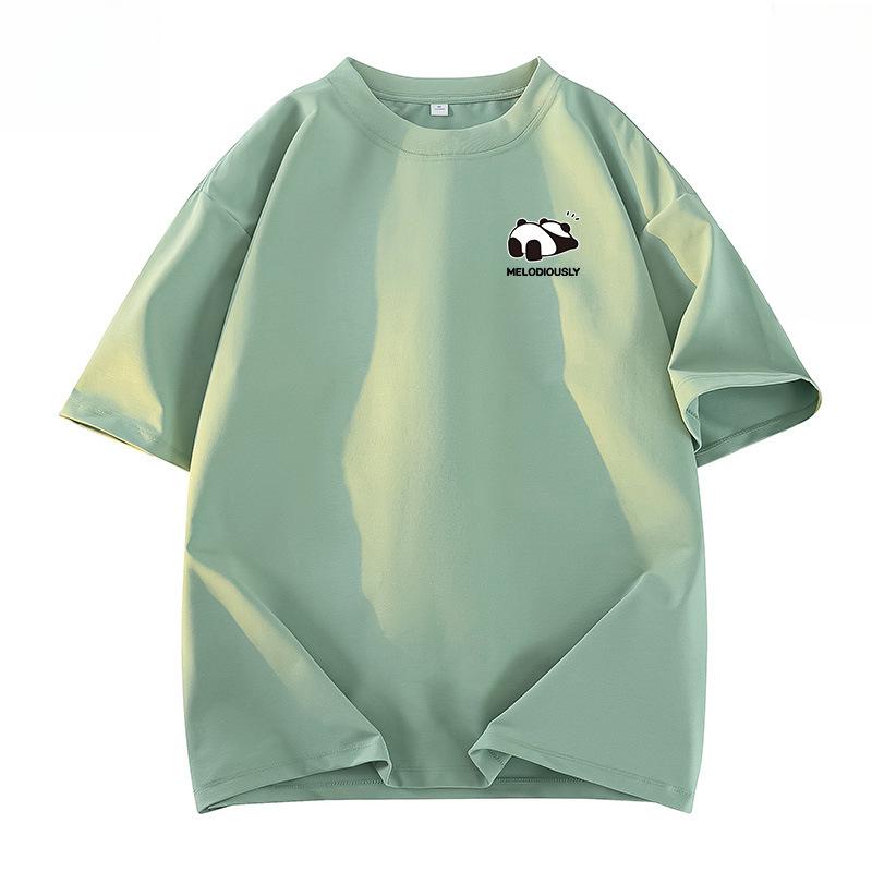 Sommerliches Baumwoll-T-Shirt mit lockerem Schnitt, Panda-Grafikdruck und Fünf-Minuten-Ärmeln