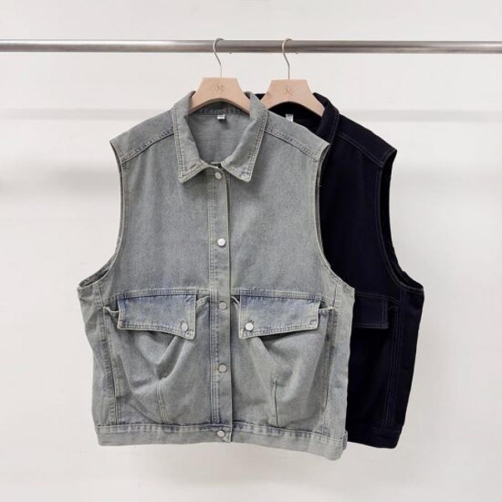Mizqz Unisex Big Pocket Vintage Wash Oversized Denim Vest