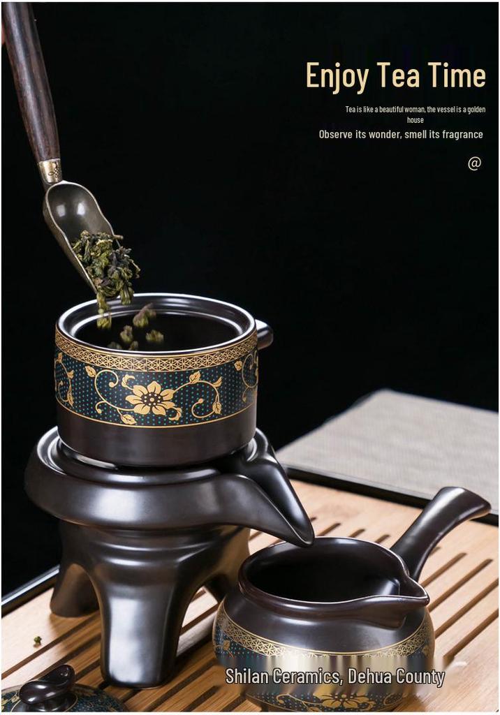Home Tea Set: Anti-Scald Teapot, Ceramic Gongfu Cups, Stone Mill Semi-Automatic Brewer
