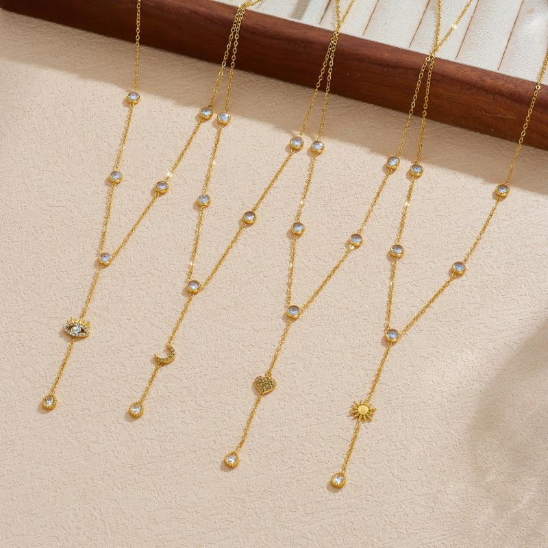 Gold Sun Charm Y-drop Necklace with Crystal Accents