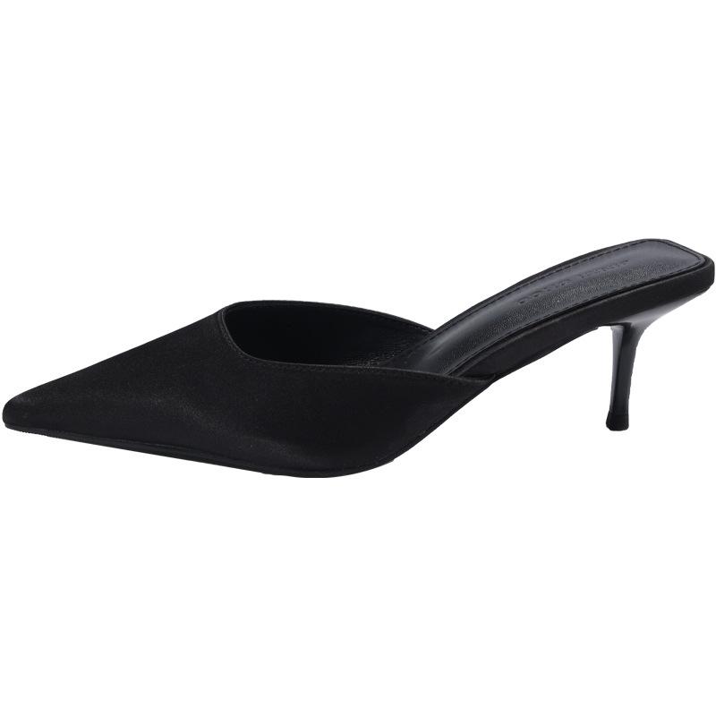 2024 new pointed middle heel thin heel lazy one pedal bag head French minimalist women summer wear sandals large size women