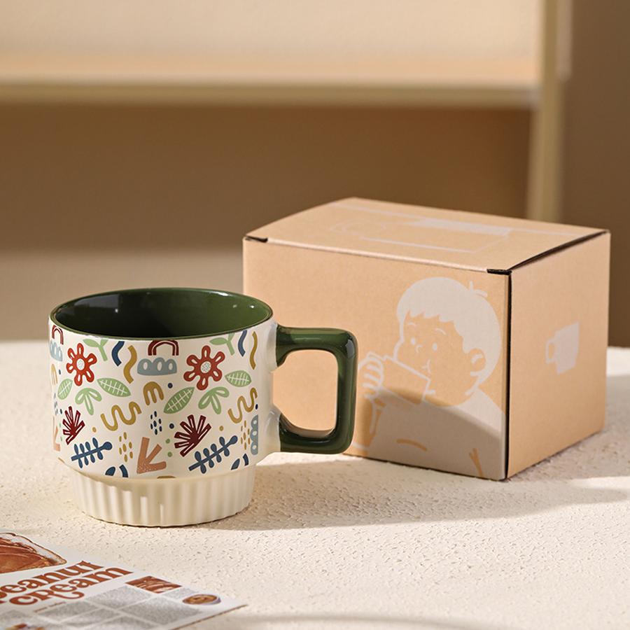Graffiti Floral Ceramic Mug 330ml Stackable Coffee Cup with Gift Box for Home Office 1pc