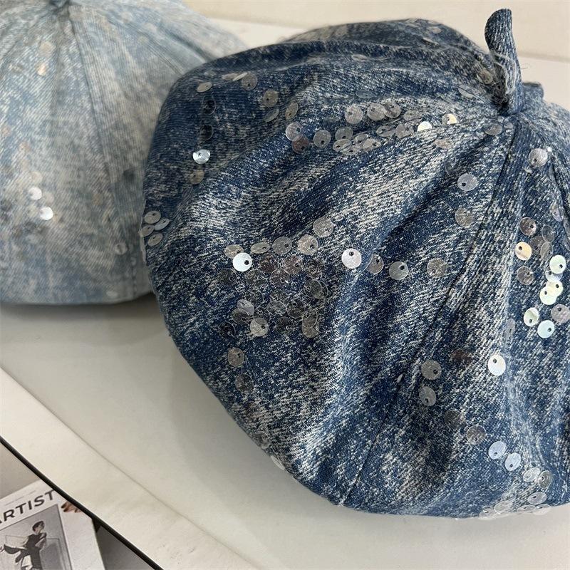 Denim Sequined Beret Women's Summer Fashion Temperament Painter Hat Showing Face Small Star Anise Hat Spring and Autumn
