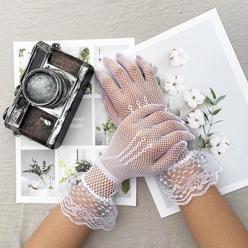 Elegant Women Ultra-Thin Summer Driving Cycling White Black Sunscreen Gloves Female Anti-UV Elasticity Lace Mesh Gloves
