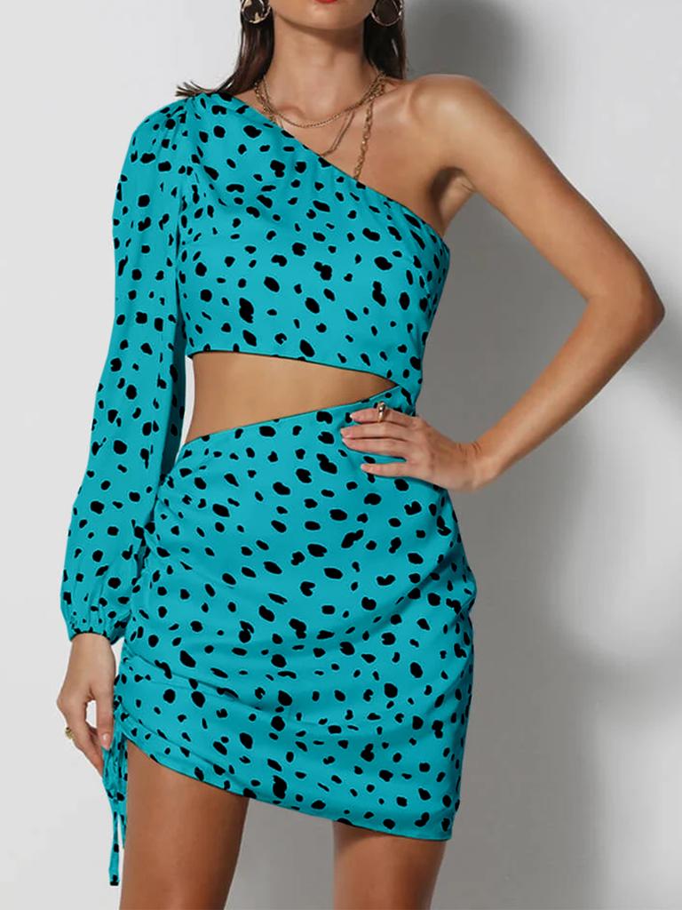 Hottie Sexy Slanted Shoulder Single Sleeve Leopard Print Waist Hollow Fashion Hip Dress