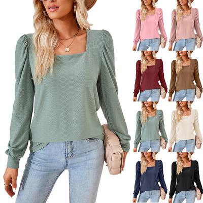 Autumn Winter Square Neck Solid Pleated Loose Long Sleeve T-shirt for Women Top
